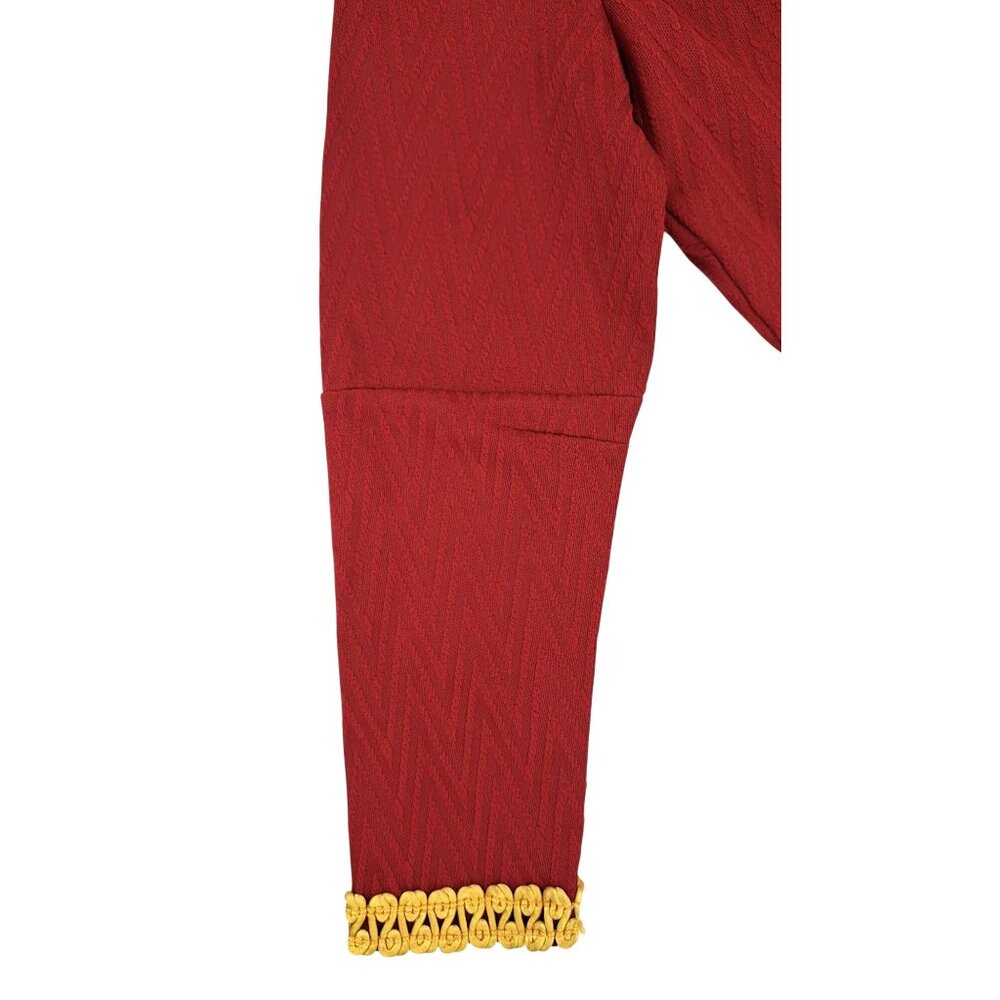 Vintage Handmade Maroon Dress Gold Gimp Trim Long Sleeve Chevron Texture Zip 70s - Picture 9 of 16